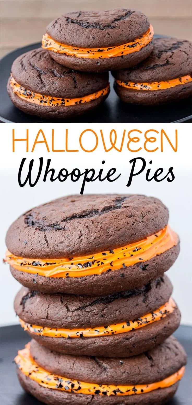 Delicious Halloween whoopie pies decorated with festive colors and spooky designs.