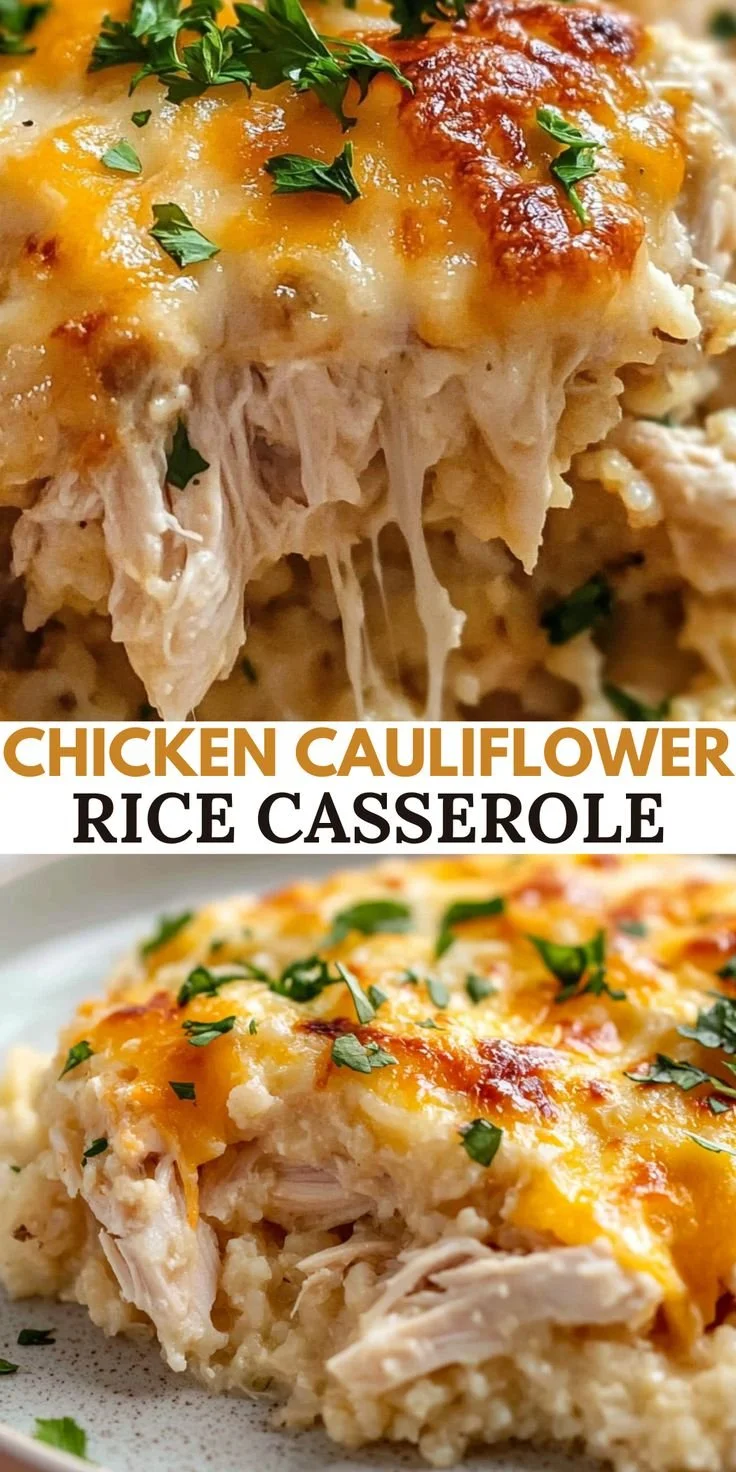 Healthy chicken cauliflower rice casserole dish served in a baking pan.