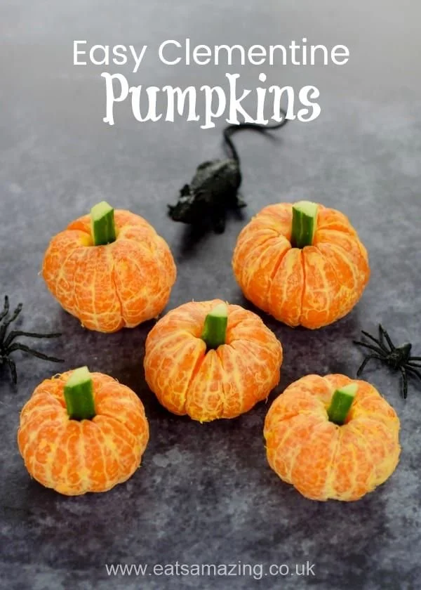 Healthy Halloween snacks featuring clementine pumpkins for kids' lunch boxes.