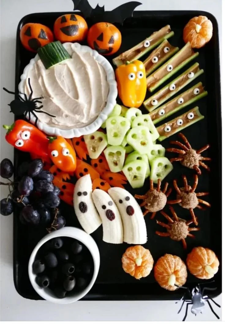 Healthy Halloween snack tray with festive veggie ideas for parties