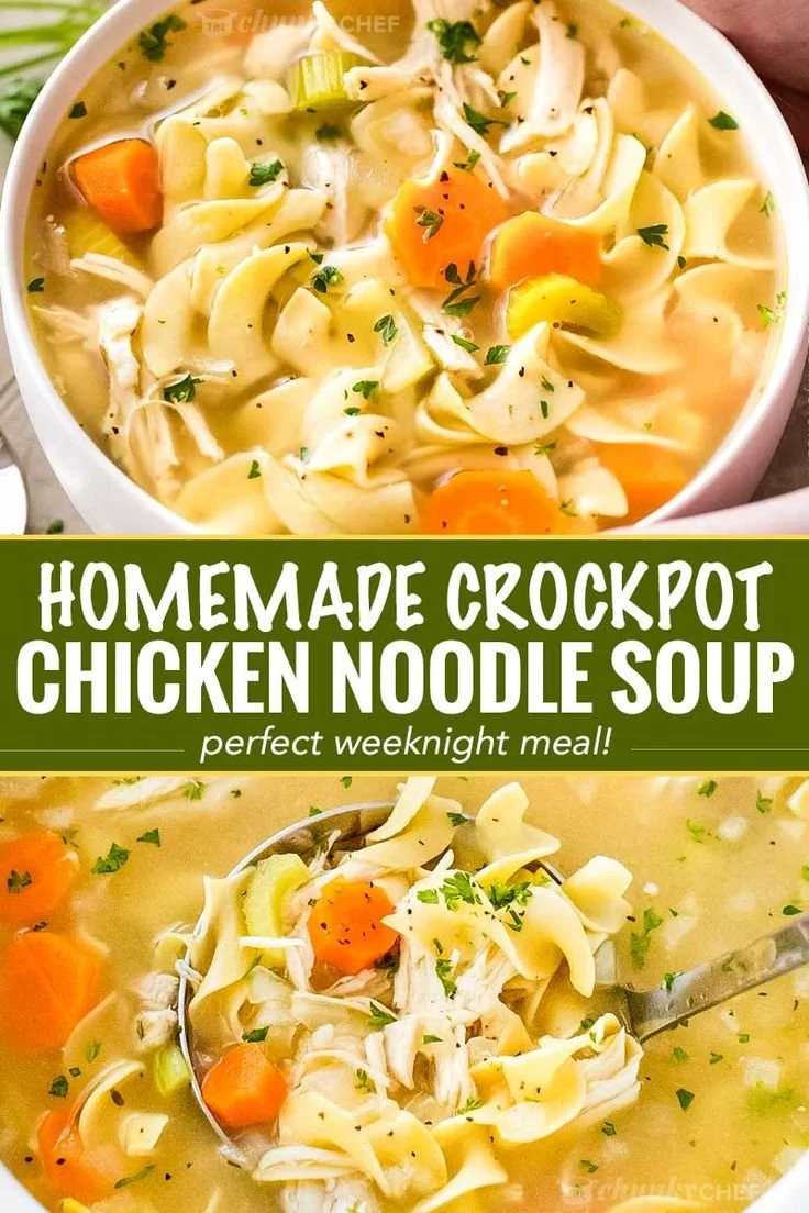 Homemade chicken noodle soup in a crockpot with fresh ingredients