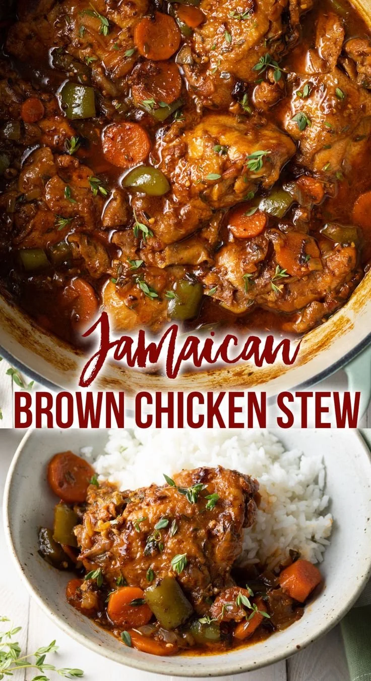 Delicious Jamaican Brown Stew Chicken served with rice and vegetables