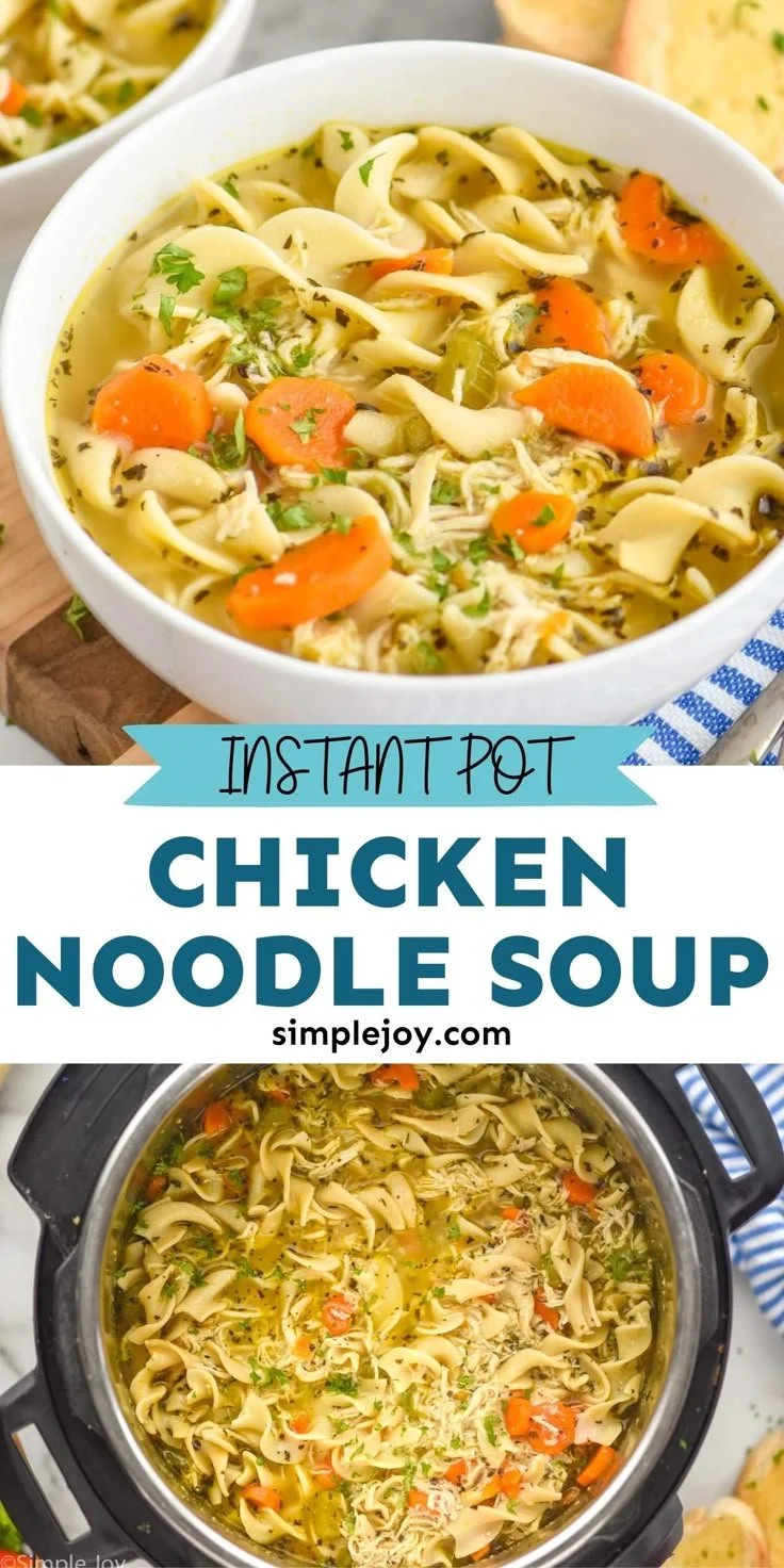 Bowl of creamy Instant Pot chicken noodle soup with vegetables and noodles