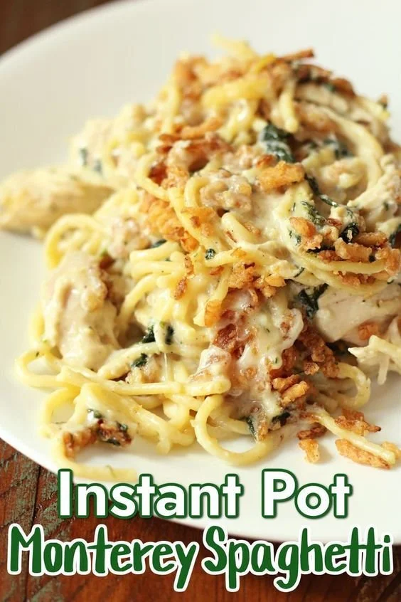 A delicious plate of Instant Pot Monterey spaghetti with creamy sauce and chicken.