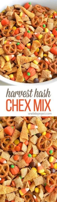 Delicious Harvest Hash Chex Mix served in a bowl for fall snacks.