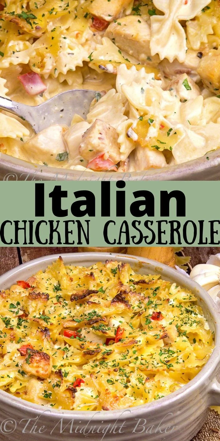 Delicious Italian chicken casserole with pasta and cheese