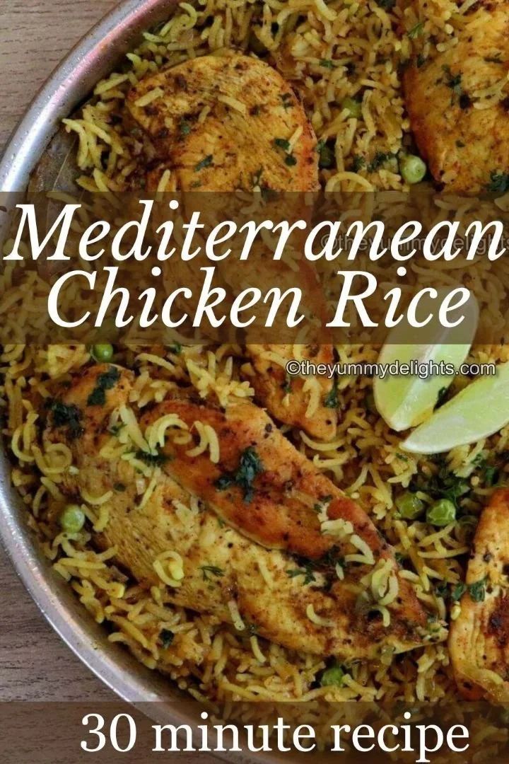 Plate of Mediterranean Chicken served with seasoned rice and vegetables