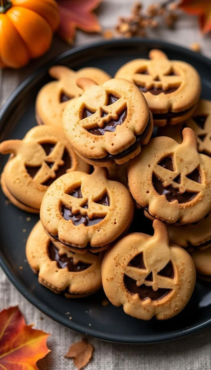 Milk chocolate stuffed Jack-O'-Lantern cookies, perfect Halloween dessert