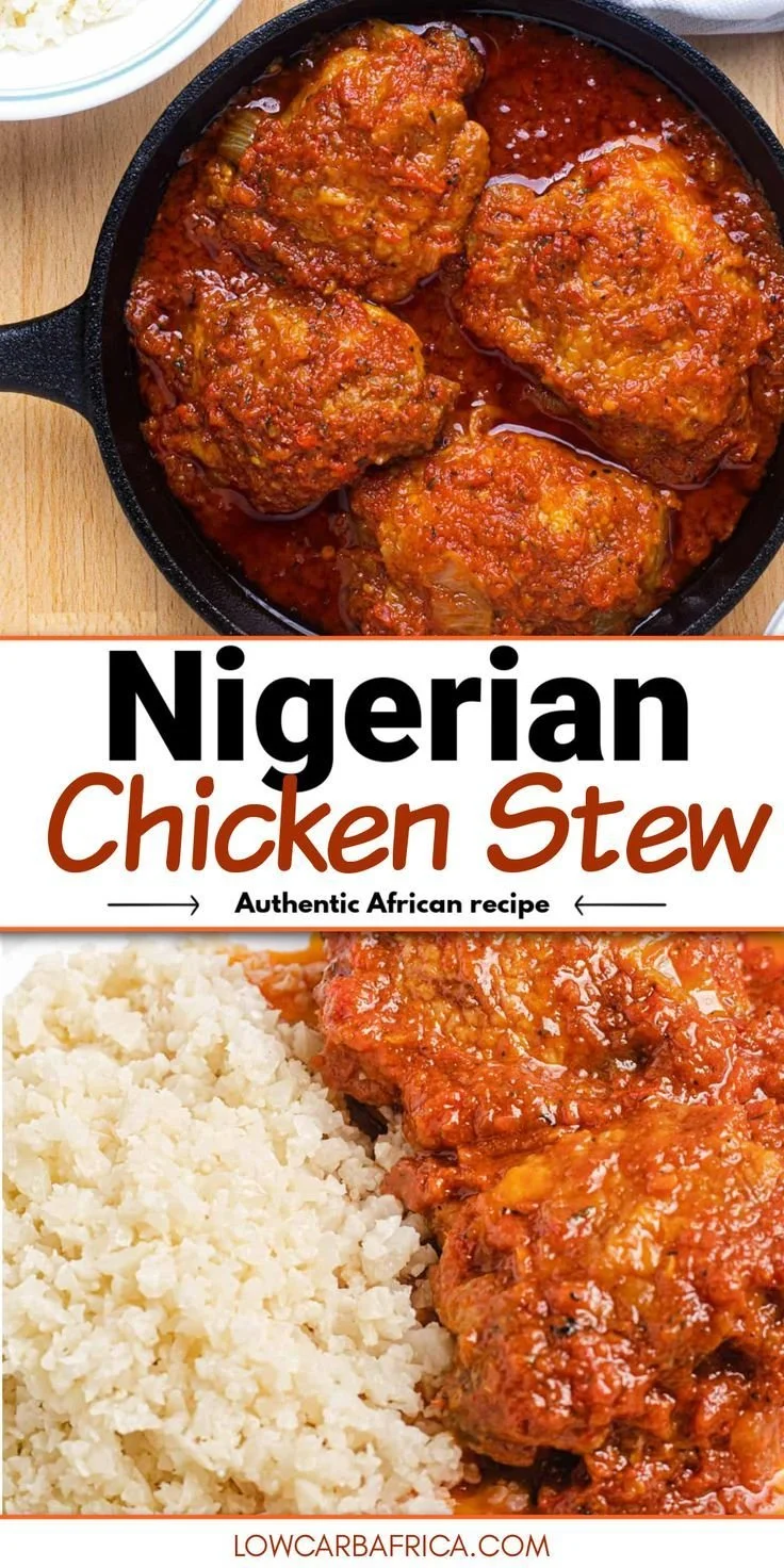 Bowl of Nigerian Chicken Stew garnished with herbs and spices