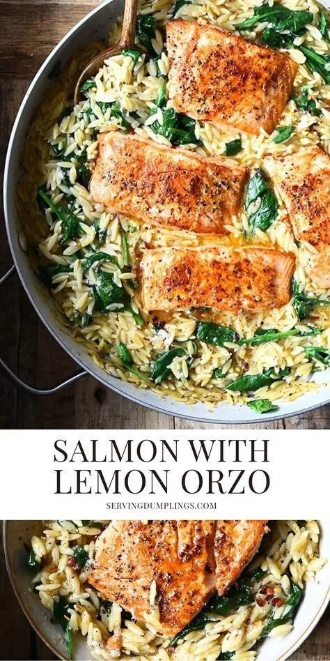 One skillet salmon served with lemon orzo on a plate.