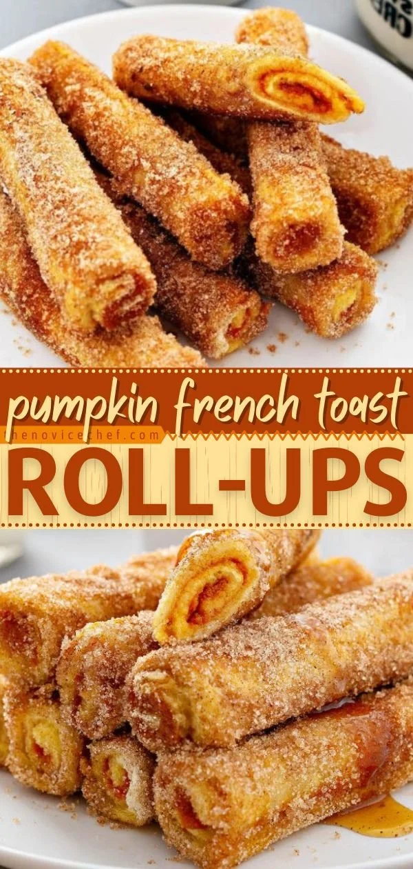 Pumpkin French Toast Roll-Ups served with maple syrup and sprinkled with cinnamon