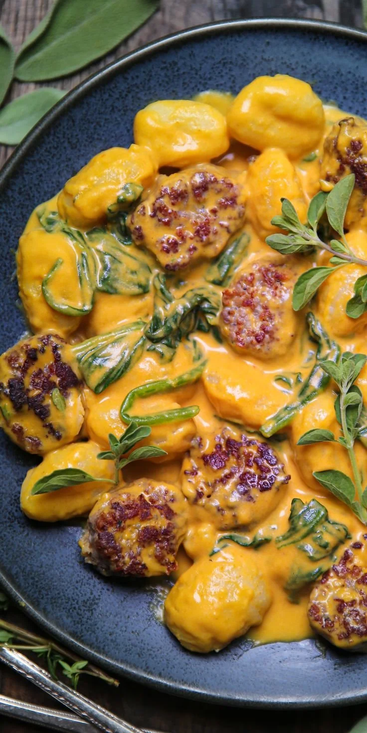 Plate of pumpkin gnocchi with spinach and sausage garnished with herbs