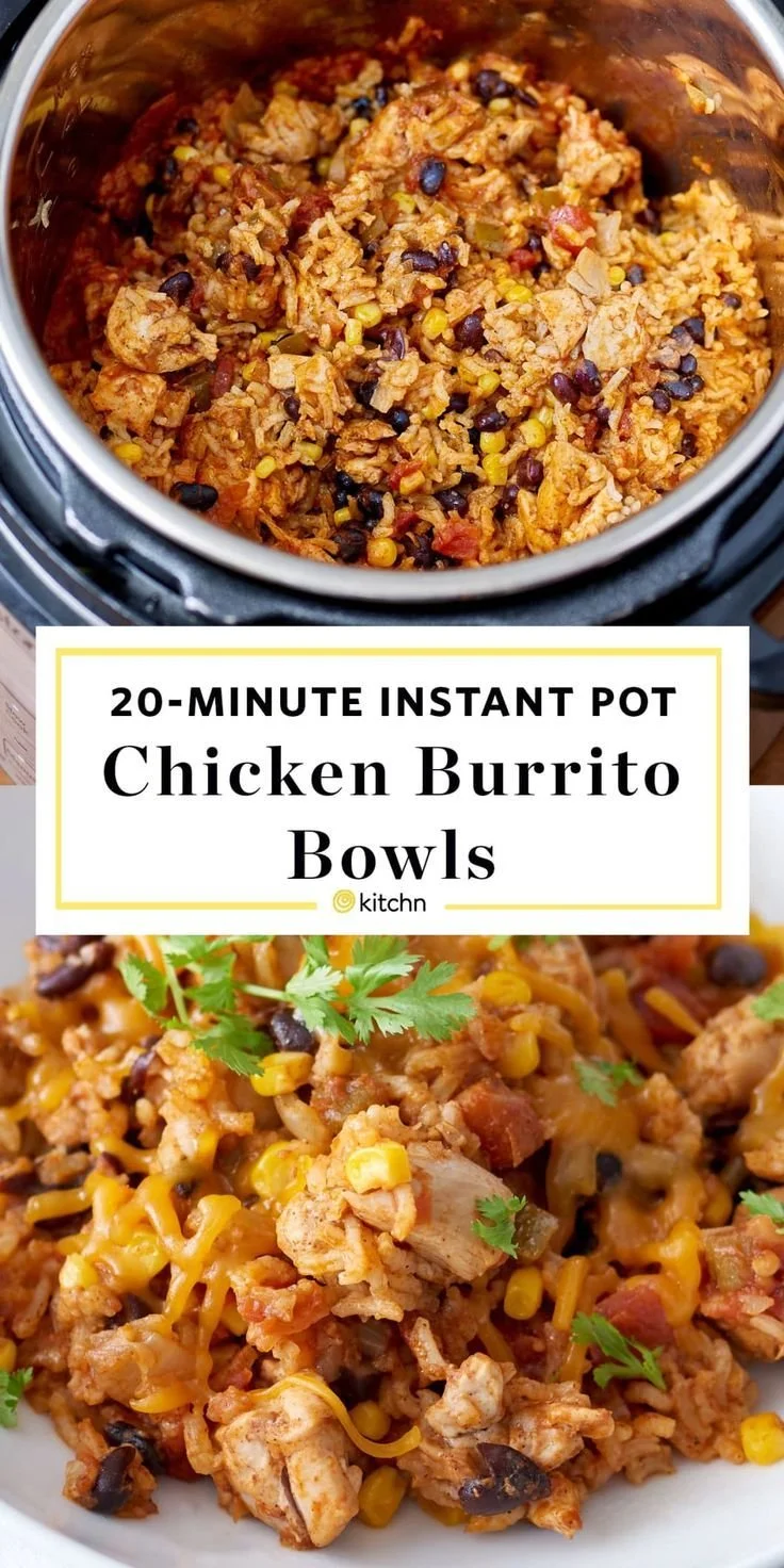 Instant Pot chicken and rice burrito bowls topped with fresh ingredients