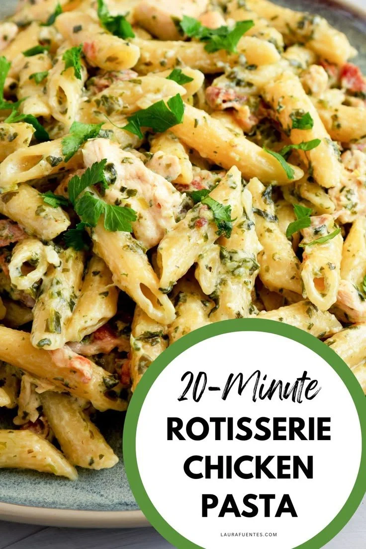Delicious rotisserie chicken recipes, including healthy meals and pasta ideas.