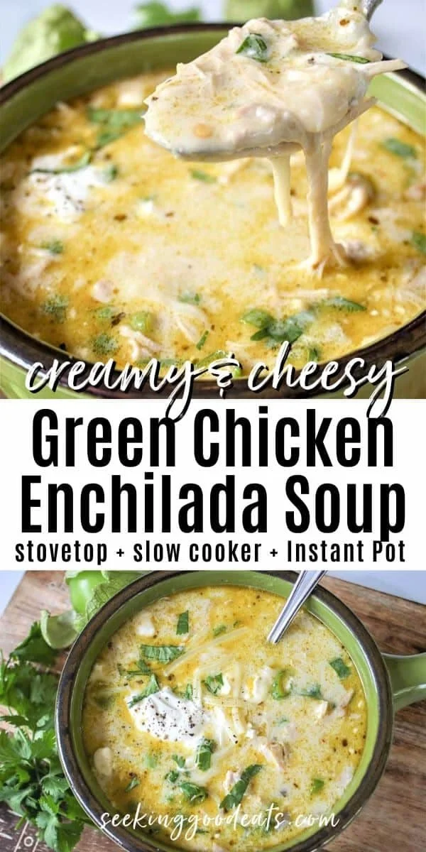 Bowl of green chicken enchilada soup topped with cilantro and avocado.