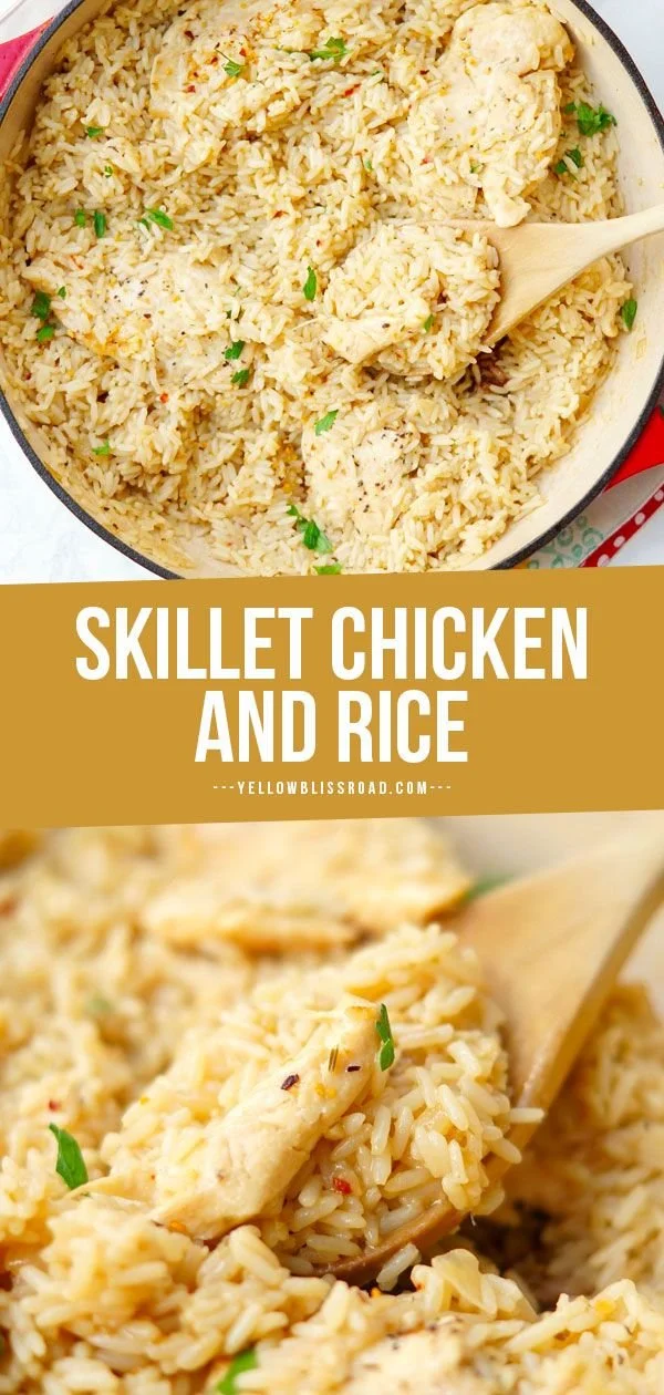 Skillet garlic chicken and rice casserole served in a skillet.