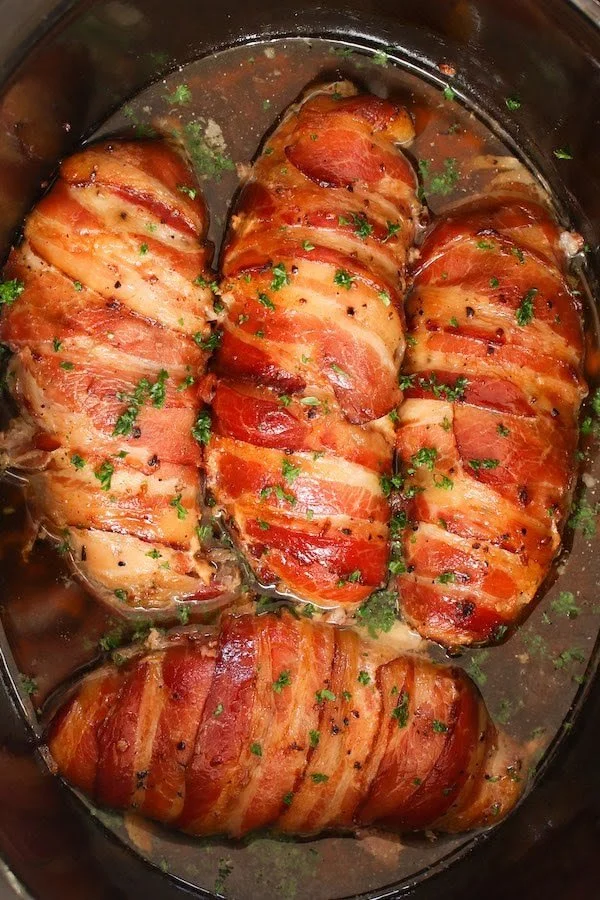 Slow cooker bacon garlic chicken breast ready to serve.