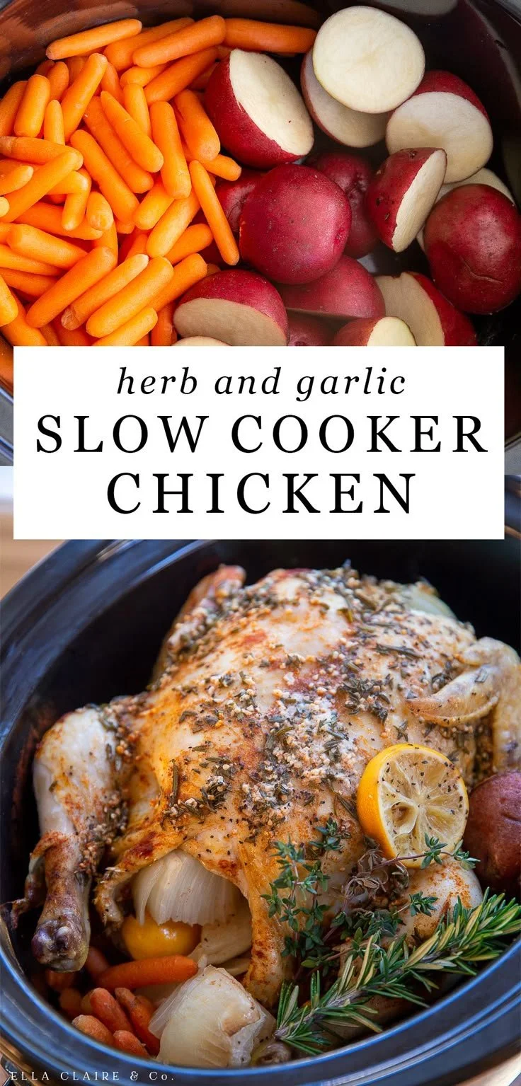 Delicious slow cooker chicken dinner with herbs and garlic in a bowl