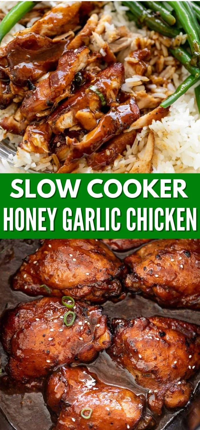 Slow Cooker Honey Garlic Chicken served with rice and vegetables