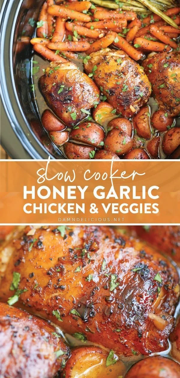 Delicious slow cooker honey garlic chicken served with fresh veggies