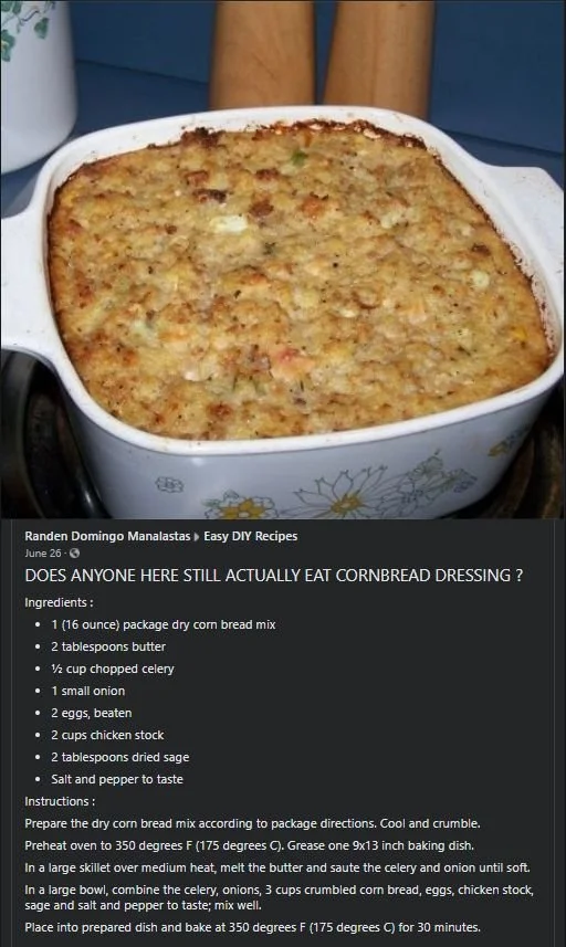 Southern cornbread dressing recipe in a baking dish ready to serve.