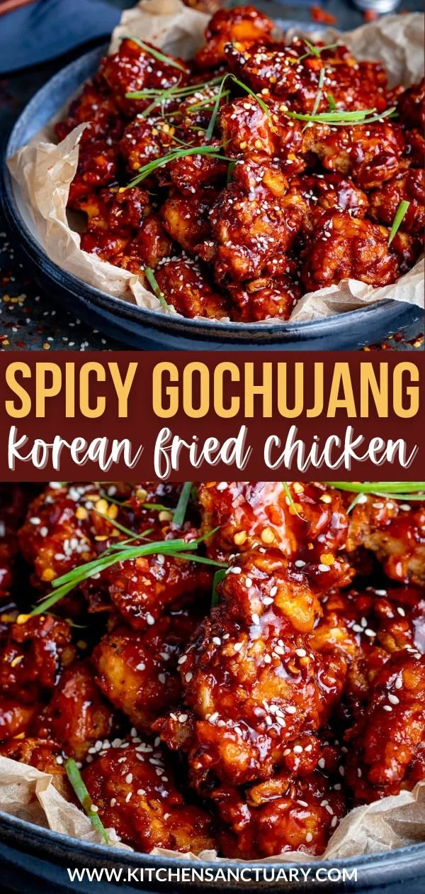 Plate of Spicy Gochujang Korean Fried Chicken garnished with sesame seeds