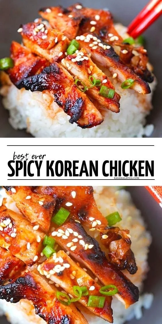 Deliciously spicy Korean chicken served with vibrant vegetables