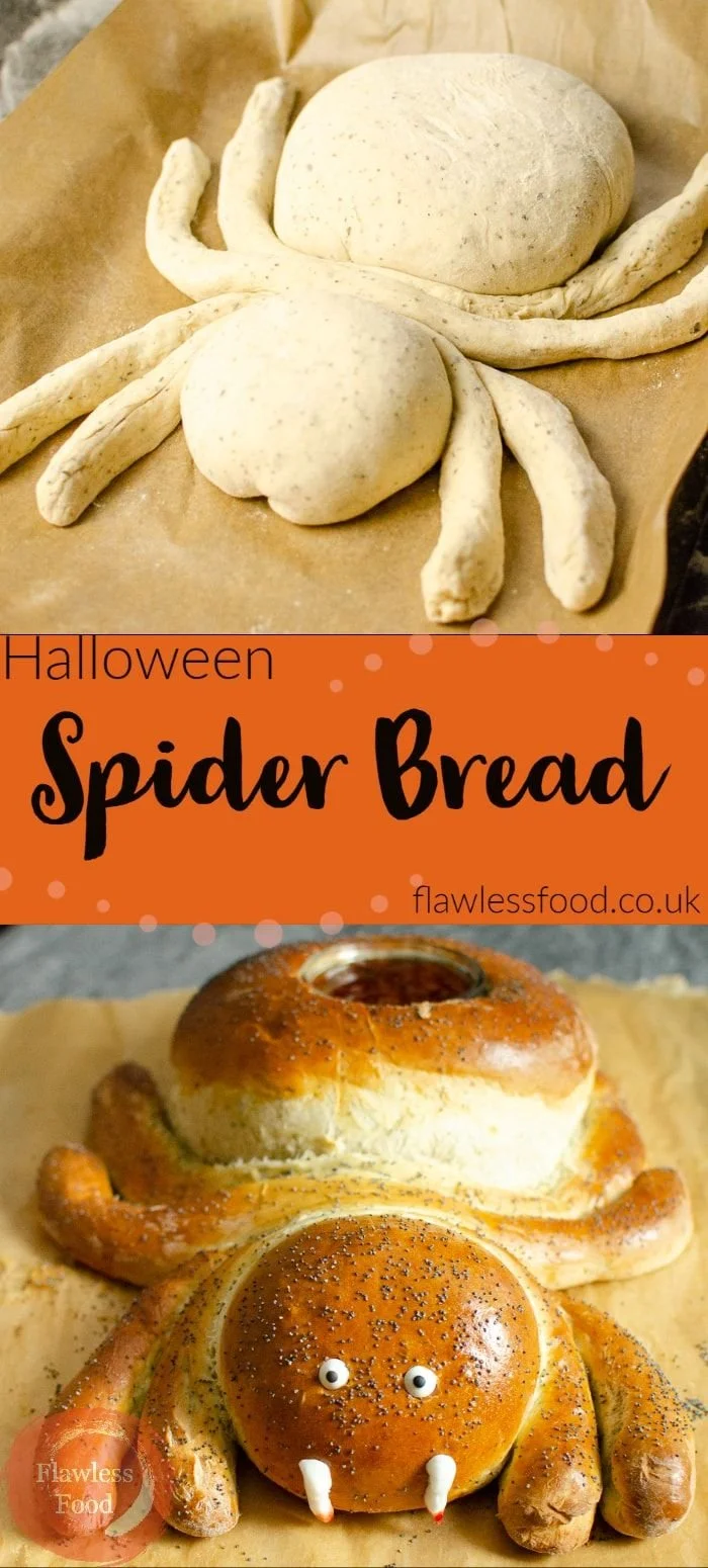 Spooky Halloween Spider Bread fresh out of the oven, shaped like a spider.
