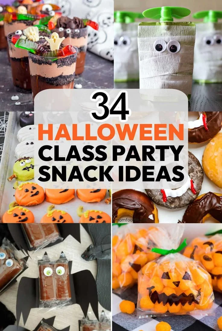 Colorful Halloween treats for kids at school, including spooky snacks and candies.