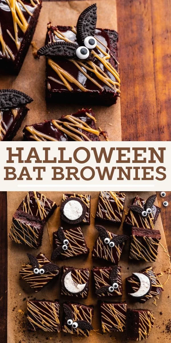 Spooky gluten free bat brownies with chocolate and Halloween decorations.