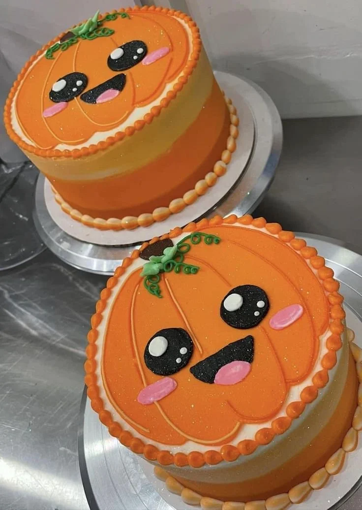 Spooky Halloween cakes featuring pumpkin shapes and cute fall designs.
