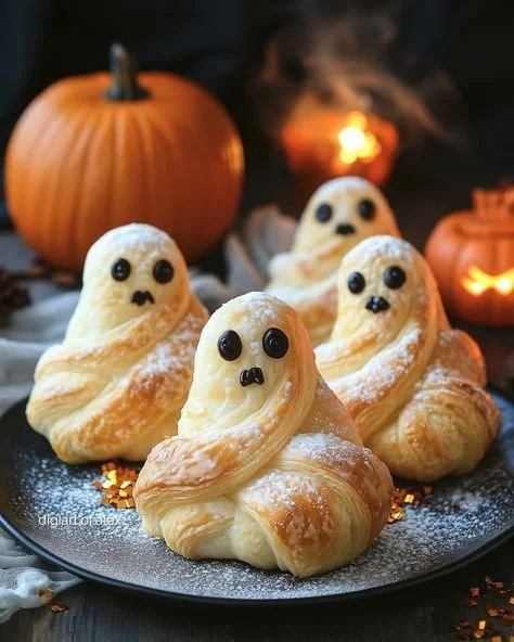 A spooky Halloween croissant shaped like a ghost, decorated for the season.