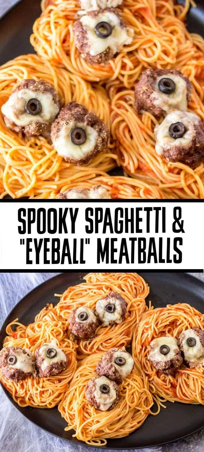 Spooky Spaghetti and Cheese Stuffed Meatballs Halloween dinner