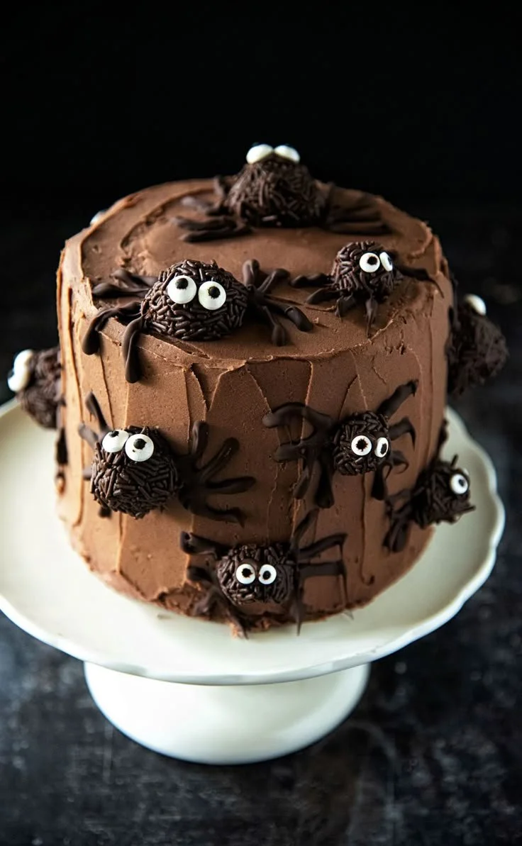 Spooky spider cake with chocolate frosting and Halloween decorations