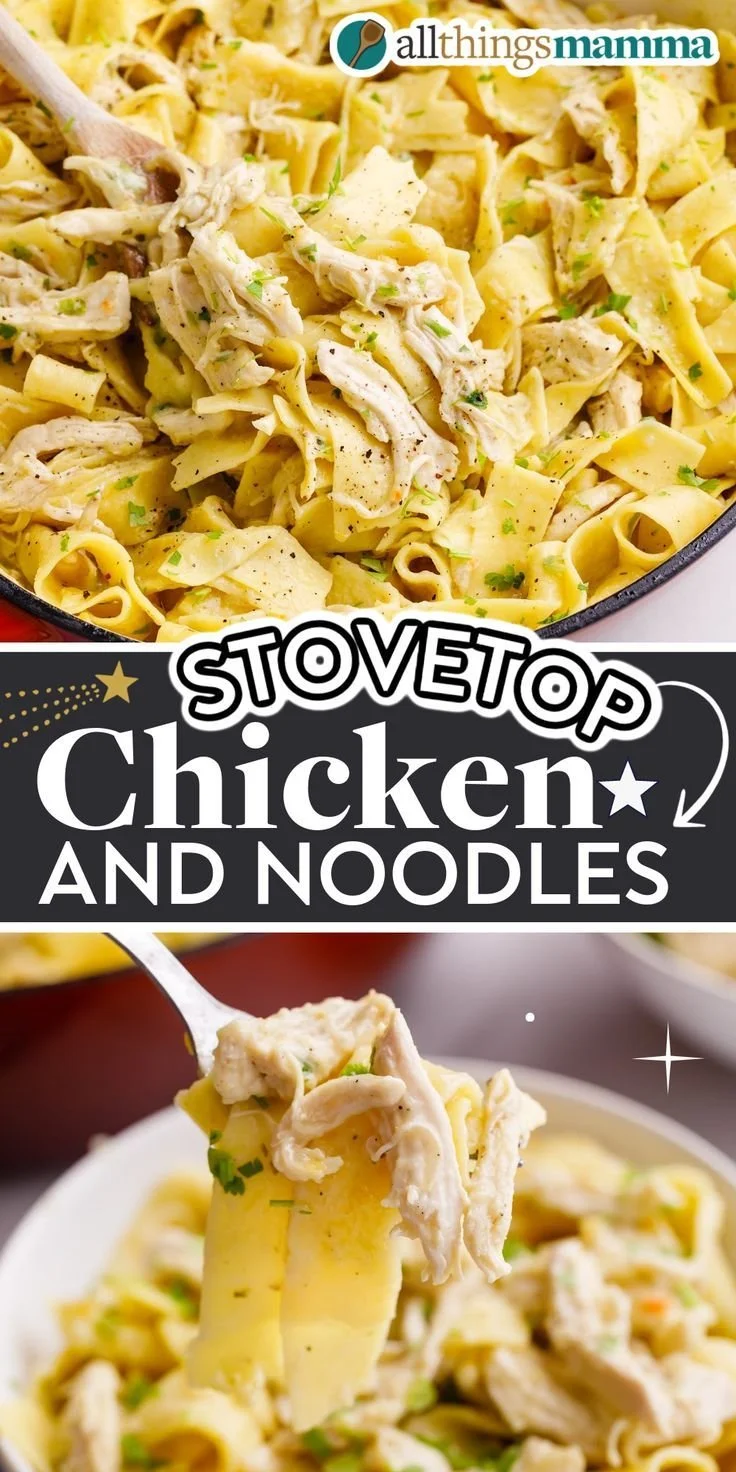 Delicious stovetop chicken and noodles served in a bowl