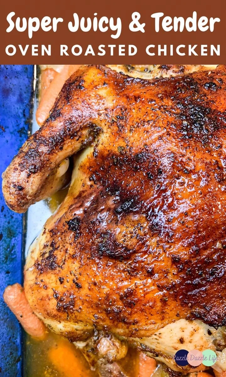 Tender and juicy oven roasted chicken served with vegetables on a plate