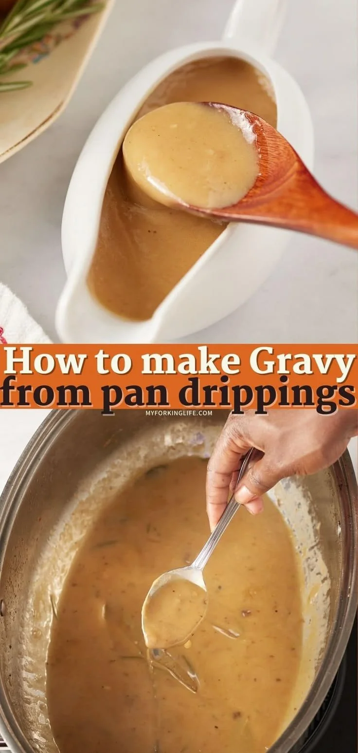 A rich Thanksgiving gravy served over turkey with herbs and spices.