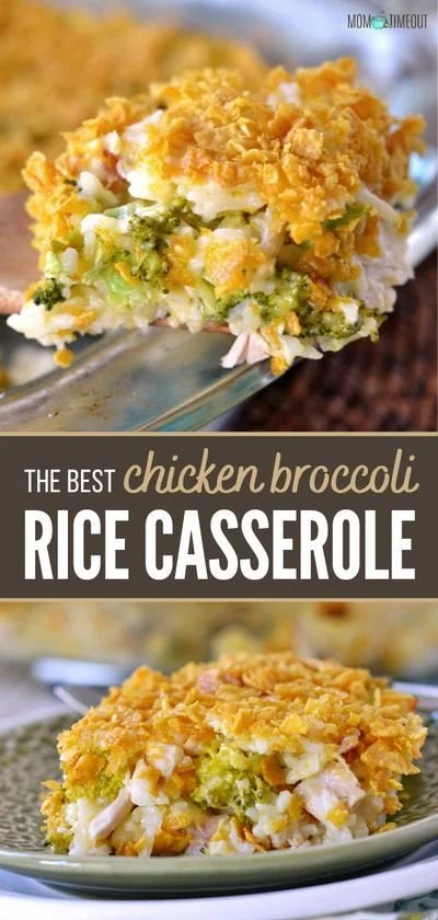 Delicious chicken broccoli rice casserole served in a baking dish