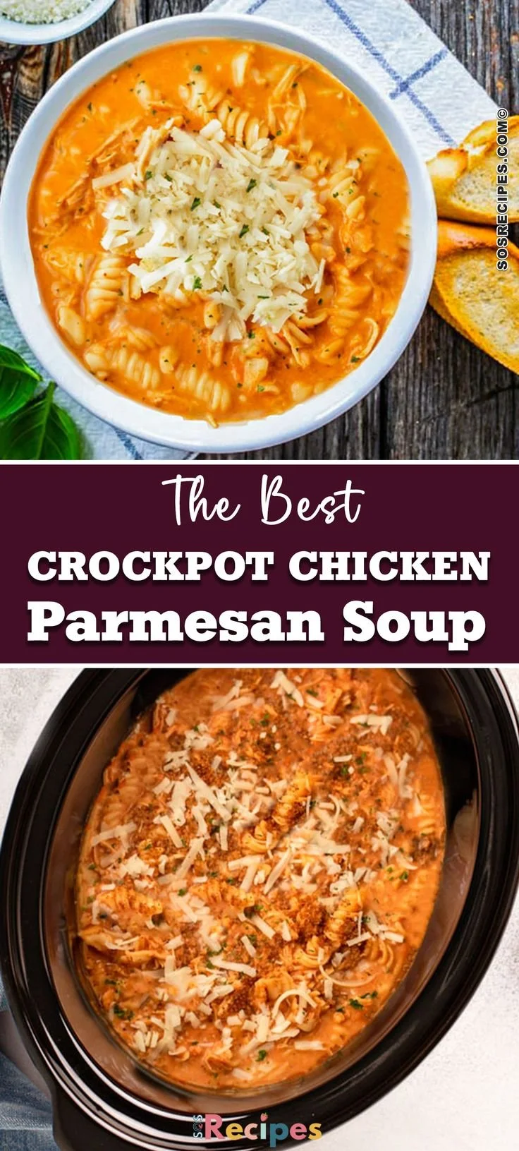 Delicious bowl of crockpot chicken parmesan soup topped with cheese and herbs