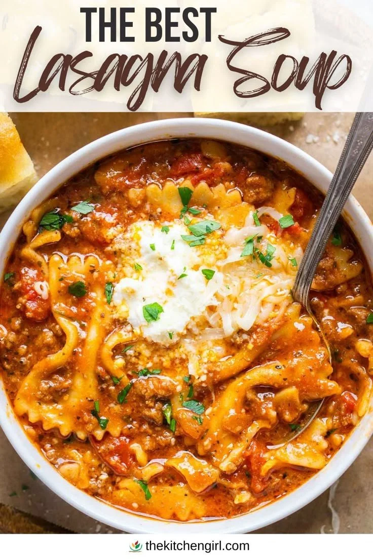 A bowl of delicious lasagna soup topped with cheese and herbs, showcasing the perfect Italian comfort food.