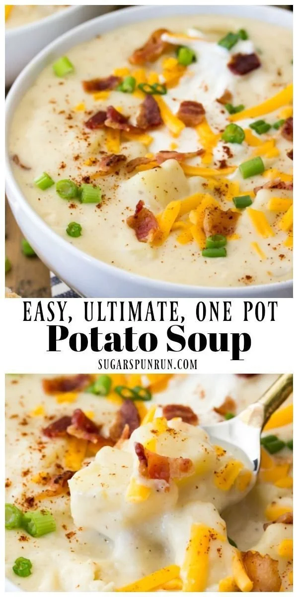 A bowl of ultimate creamy potato soup garnished with herbs and fresh ingredients.
