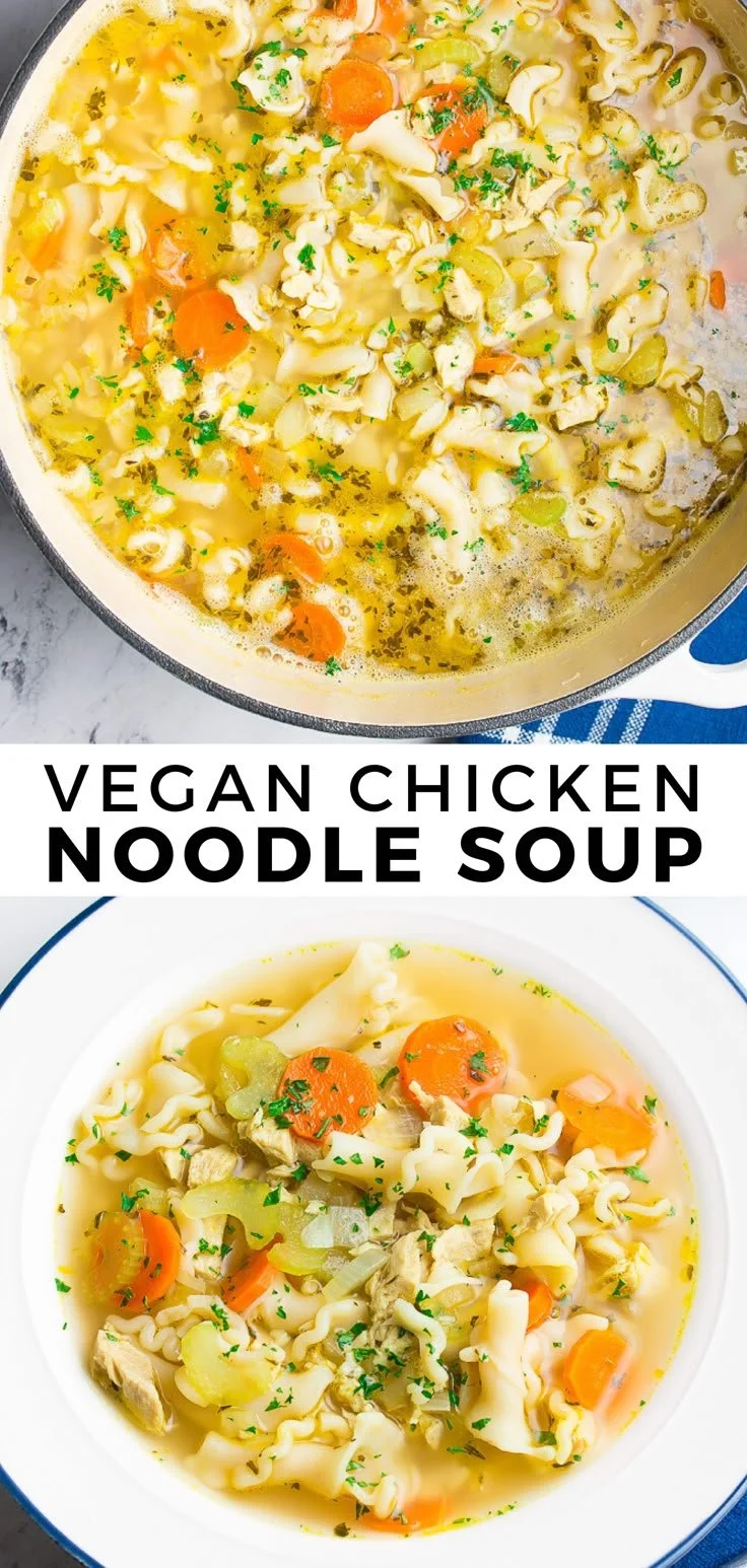 Bowl of vegan chicken noodle soup with vegetables and noodles, vegan comfort food