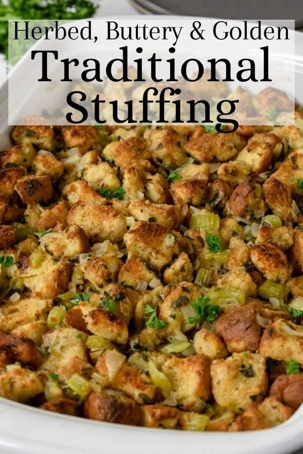 Traditional homemade bread stuffing prepared for Thanksgiving dinner
