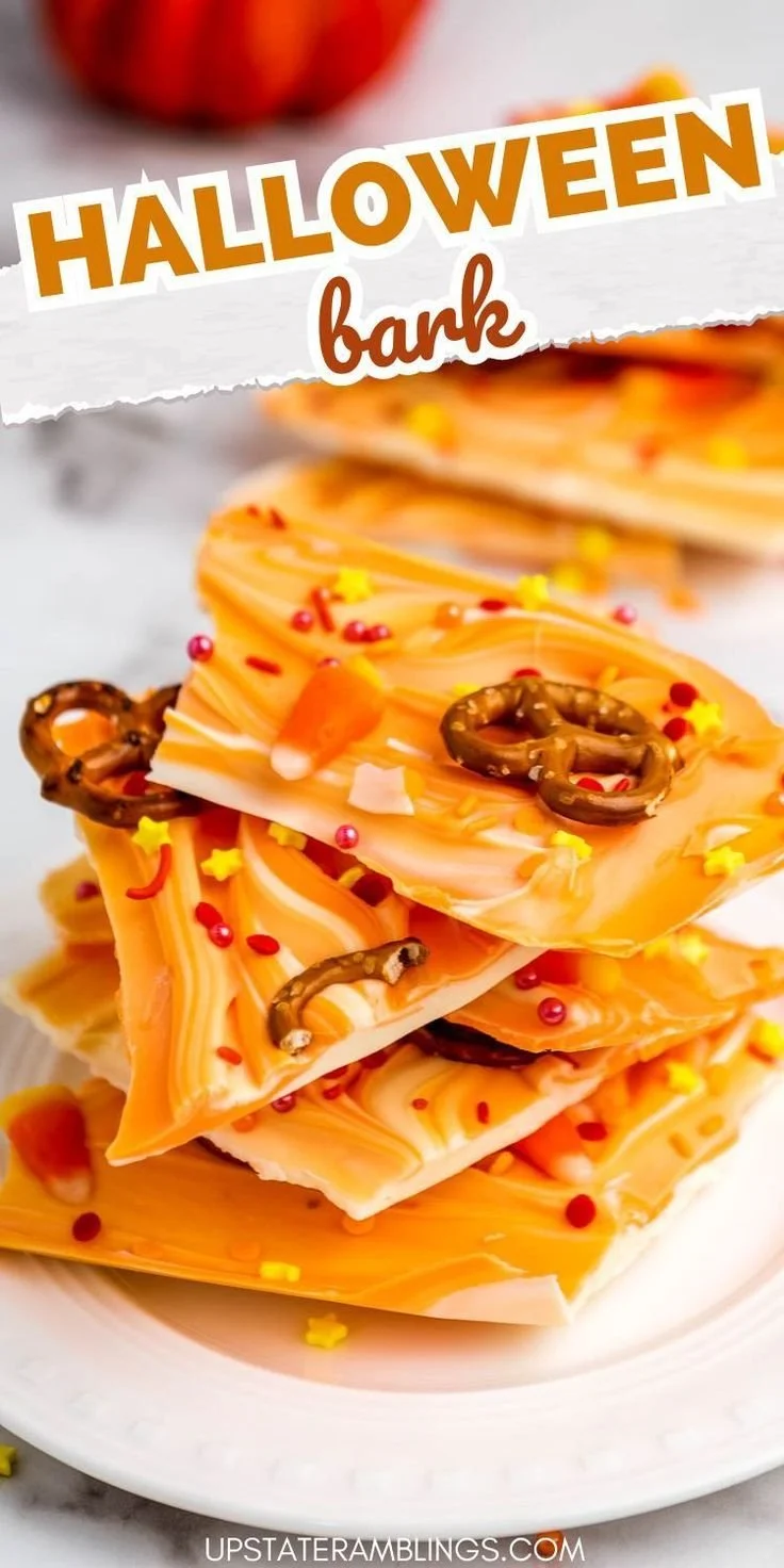 Homemade Halloween bark made from leftover chocolate and festive toppings