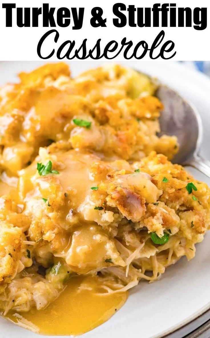 Delicious Turkey Stuffing Casserole topped with herbs and cheese
