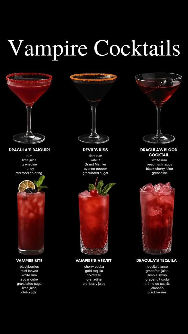 Spooky vampire cocktail in a glass with a bloody-red color, perfect for Halloween.