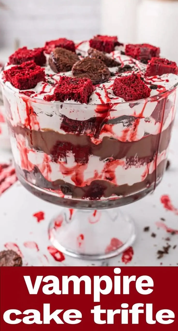 Vampire trifle dessert with edible blood for Halloween