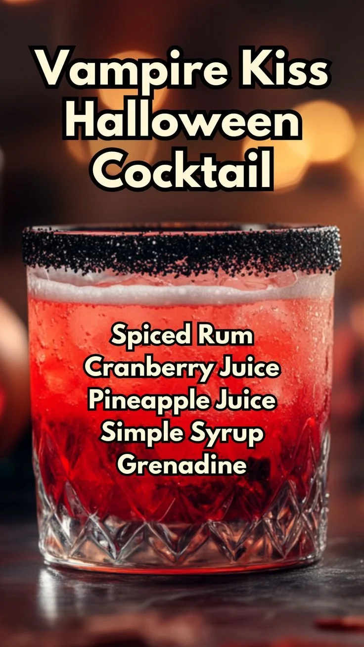 Vampire Kiss Halloween cocktail garnished with spooky red syrup and eerie decorations