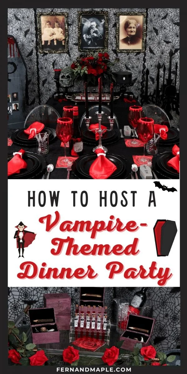 Vampire-themed Halloween dinner party setup with creepy decor and dinner plates.