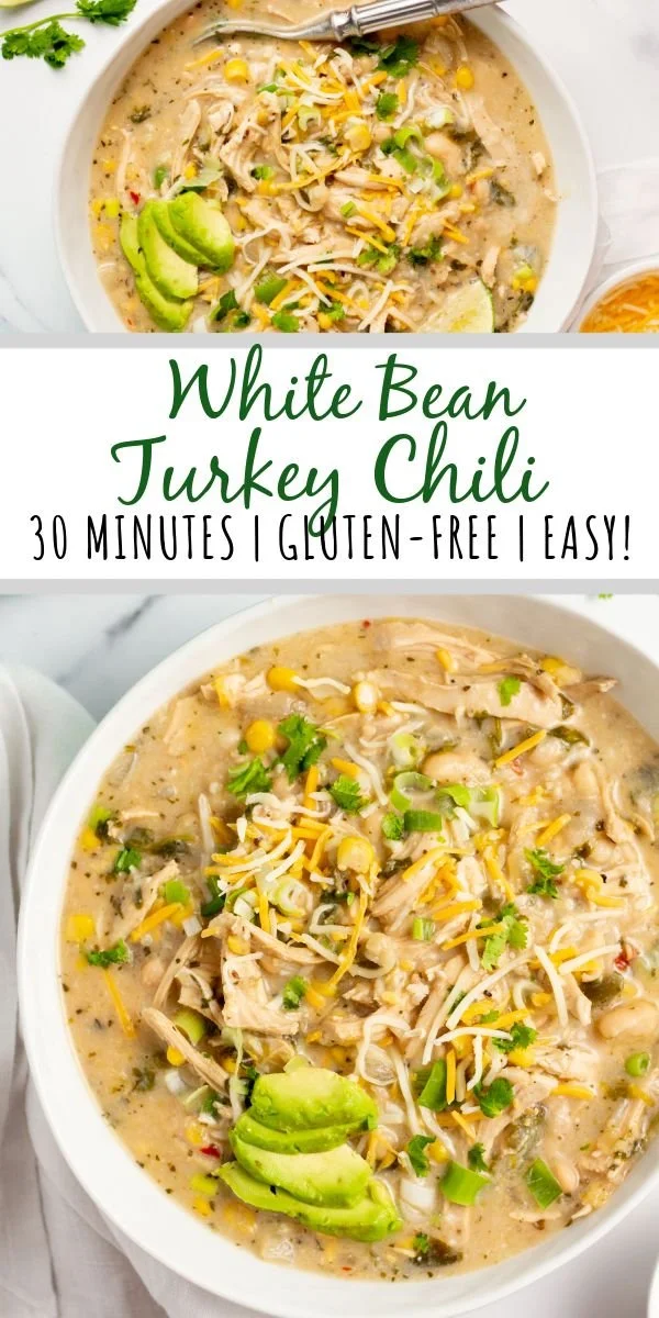 Bowl of gluten-free white bean turkey chili topped with fresh herbs